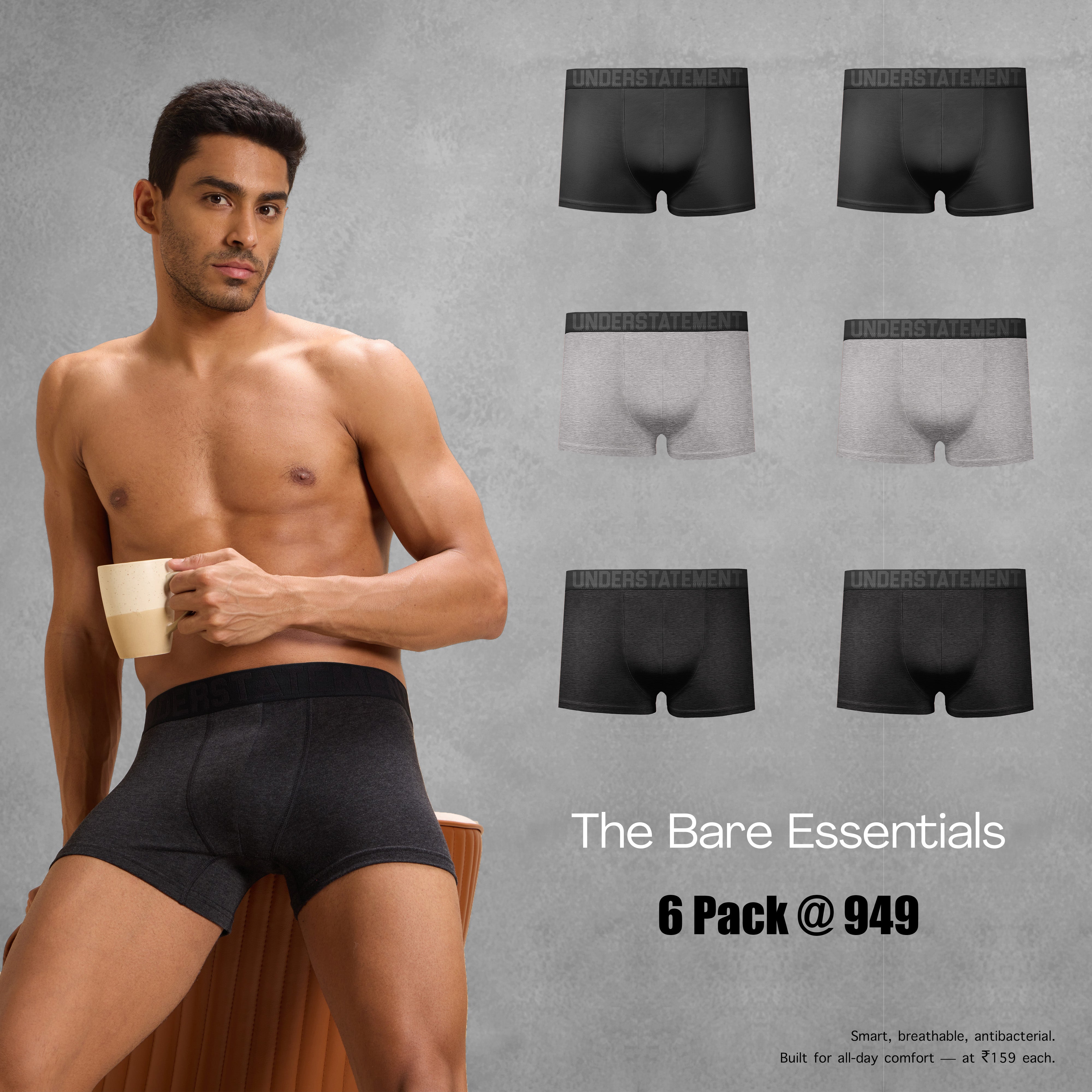 Understatement - Men's Antibacterial 4 - Way Stretch Trunks (PACK OF 6)
