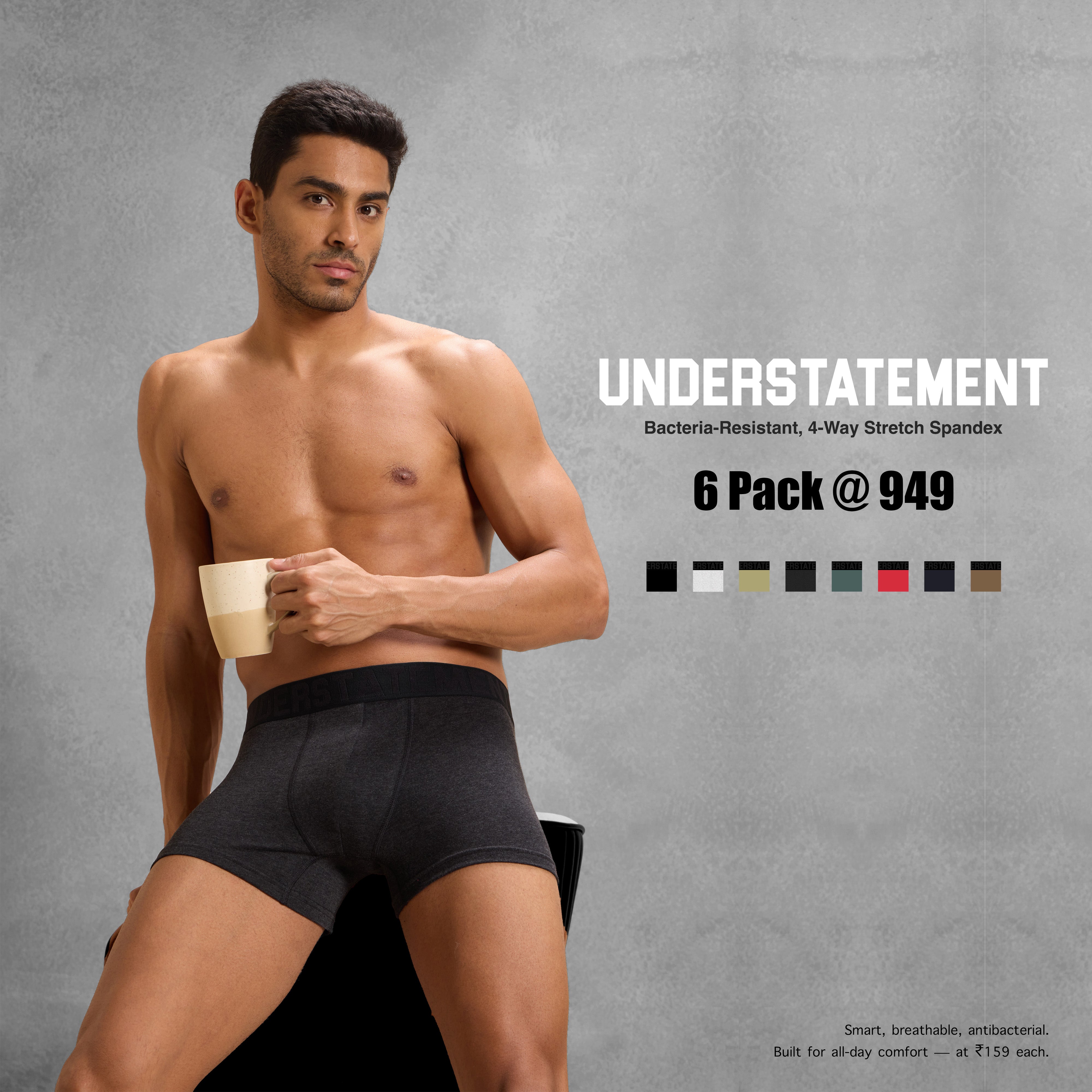 Understatement - Men's Antibacterial 4 - Way Stretch Trunks (PACK OF 6)