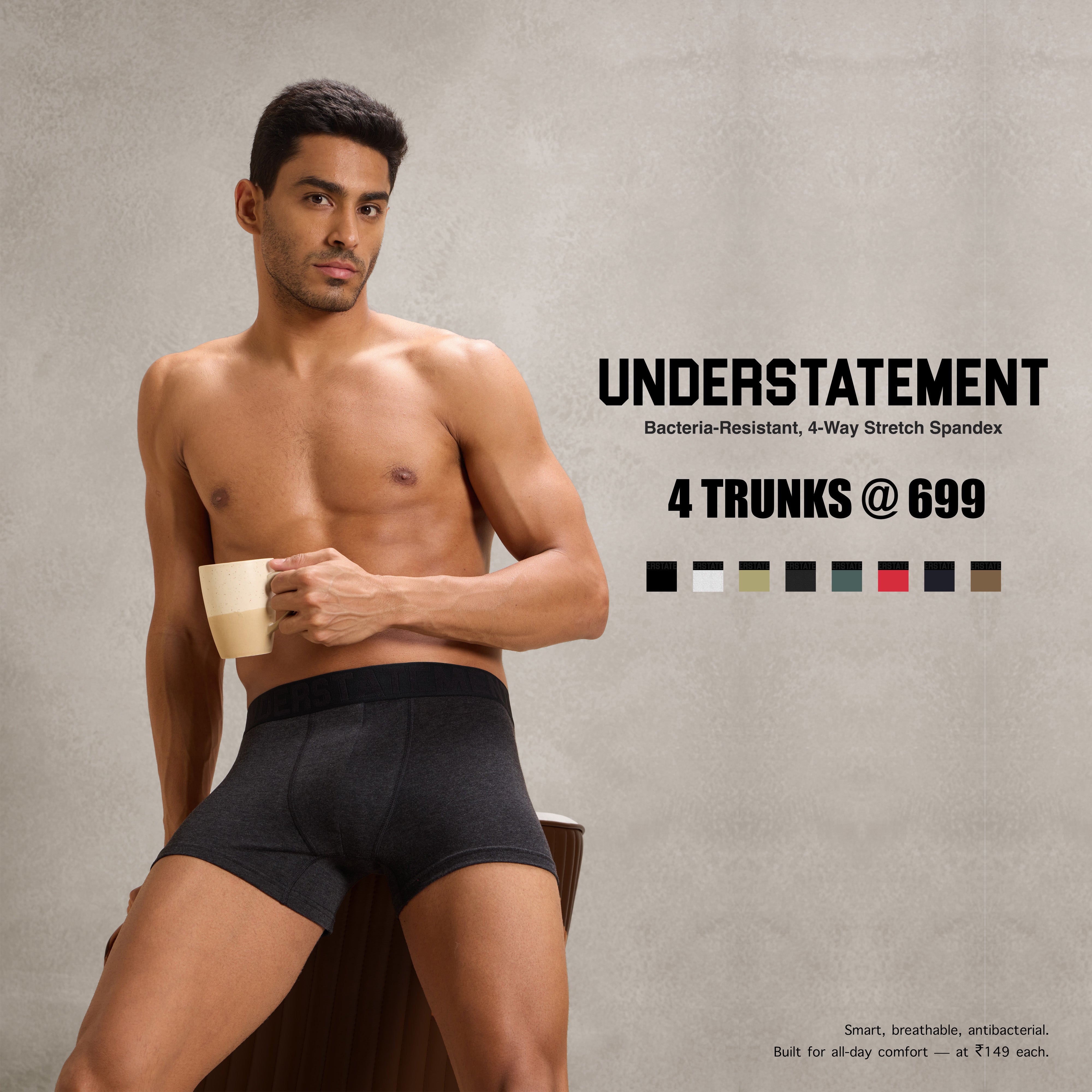 Understatement - Men's Antibacterial, 4-Way Stretch Trunks (PACK OF 4)