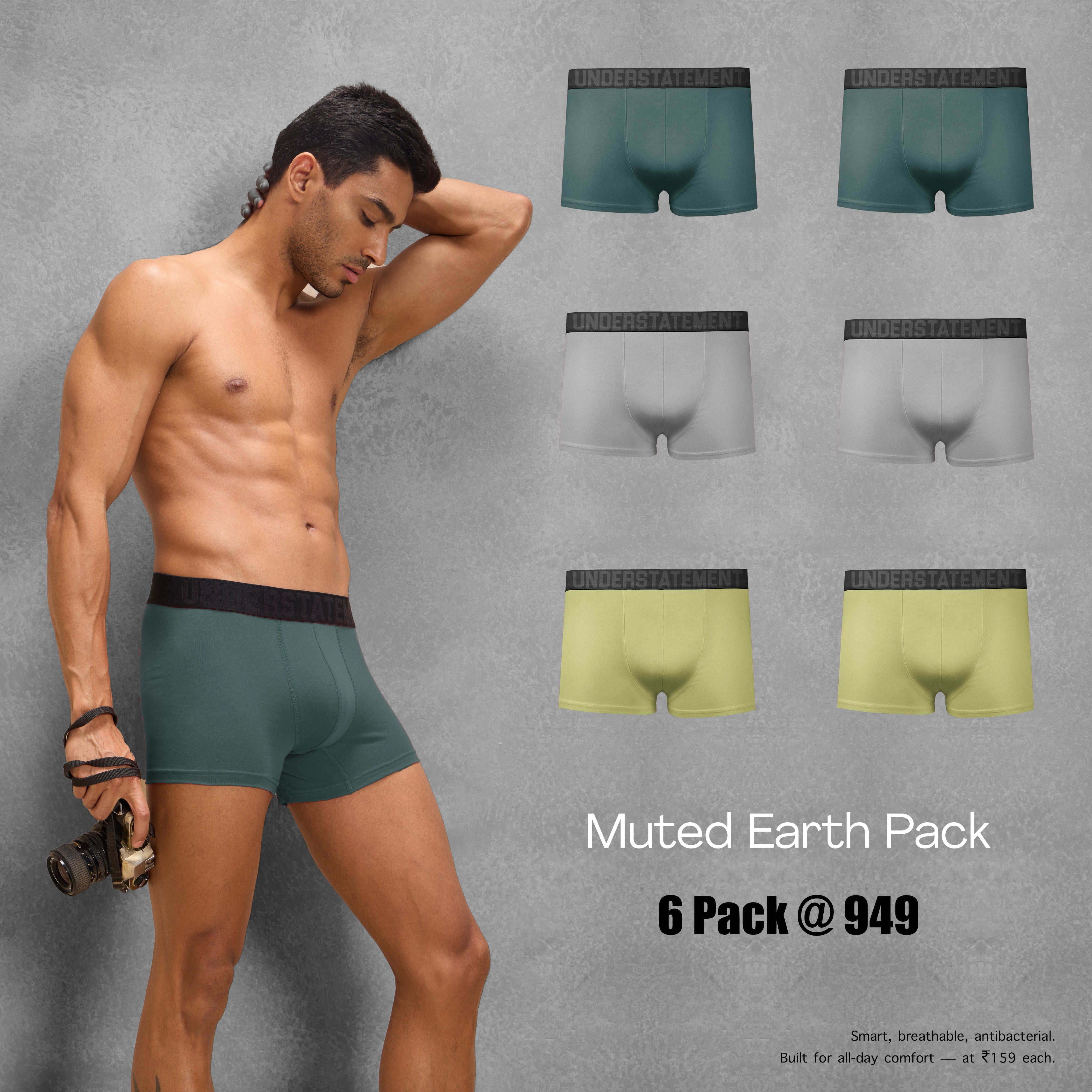 Understatement - Men's Antibacterial 4 - Way Stretch Trunks (PACK OF 6)