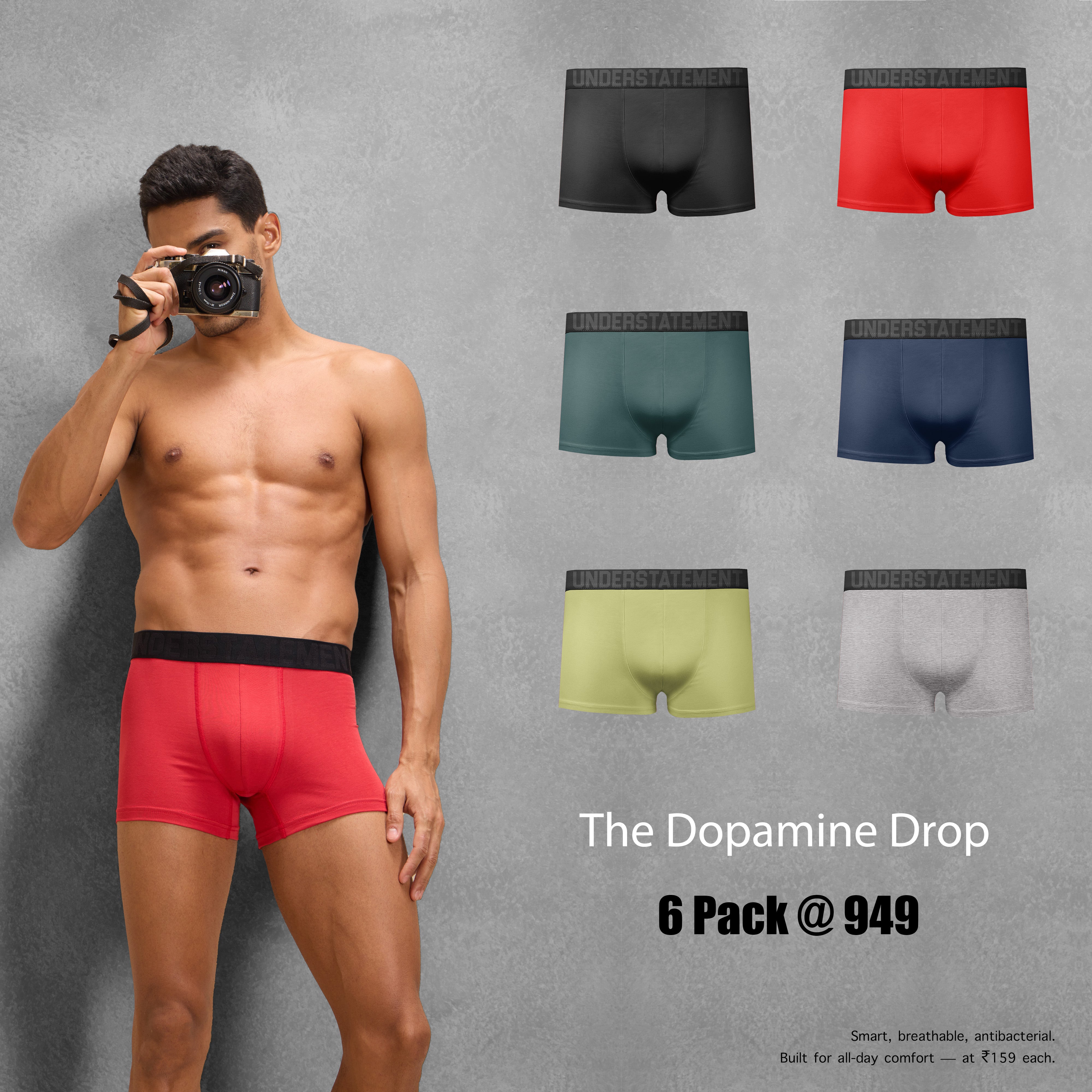 Understatement - Men's Antibacterial 4 - Way Stretch Trunks (PACK OF 6)