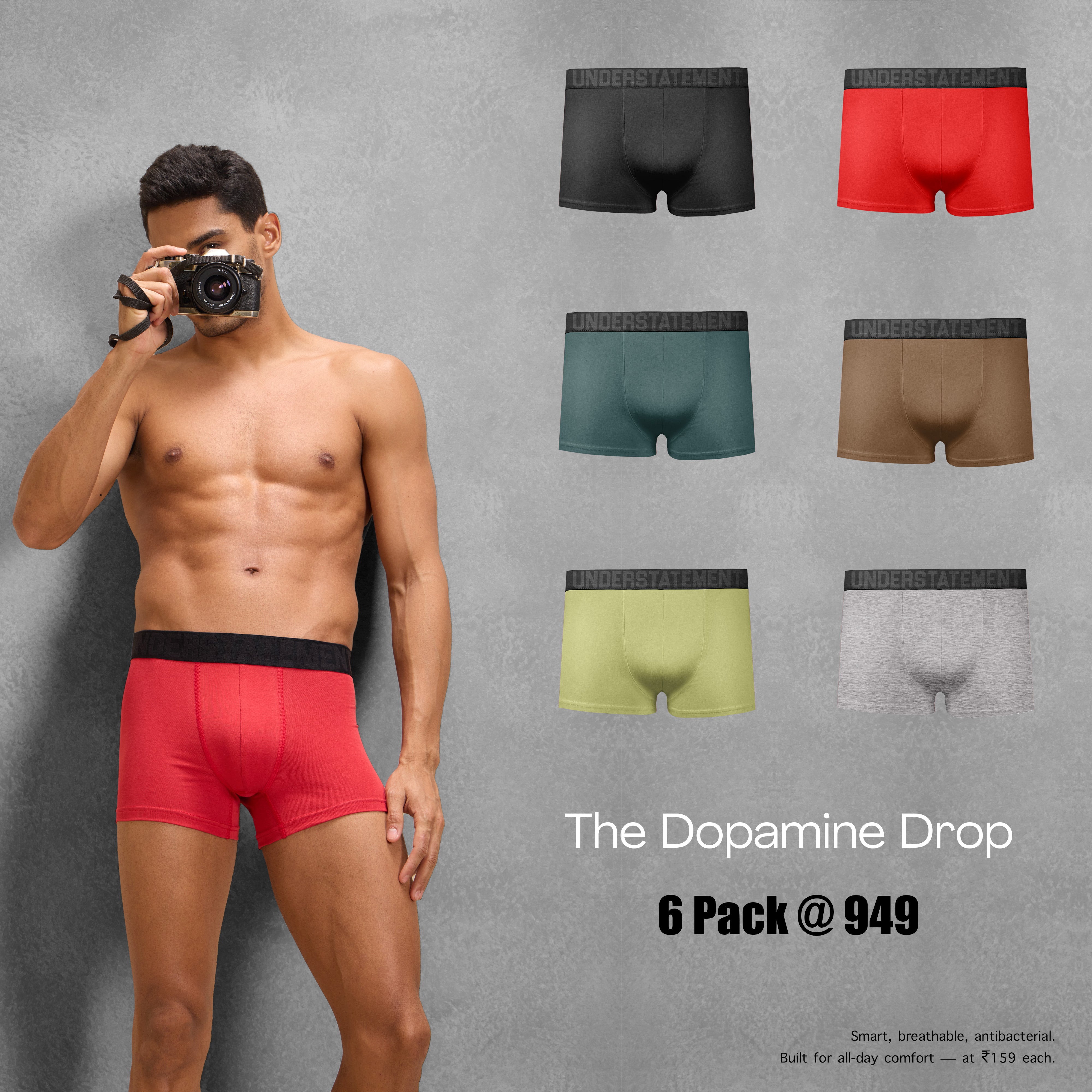 Understatement - Men's Antibacterial 4 - Way Stretch Trunks (PACK OF 6)