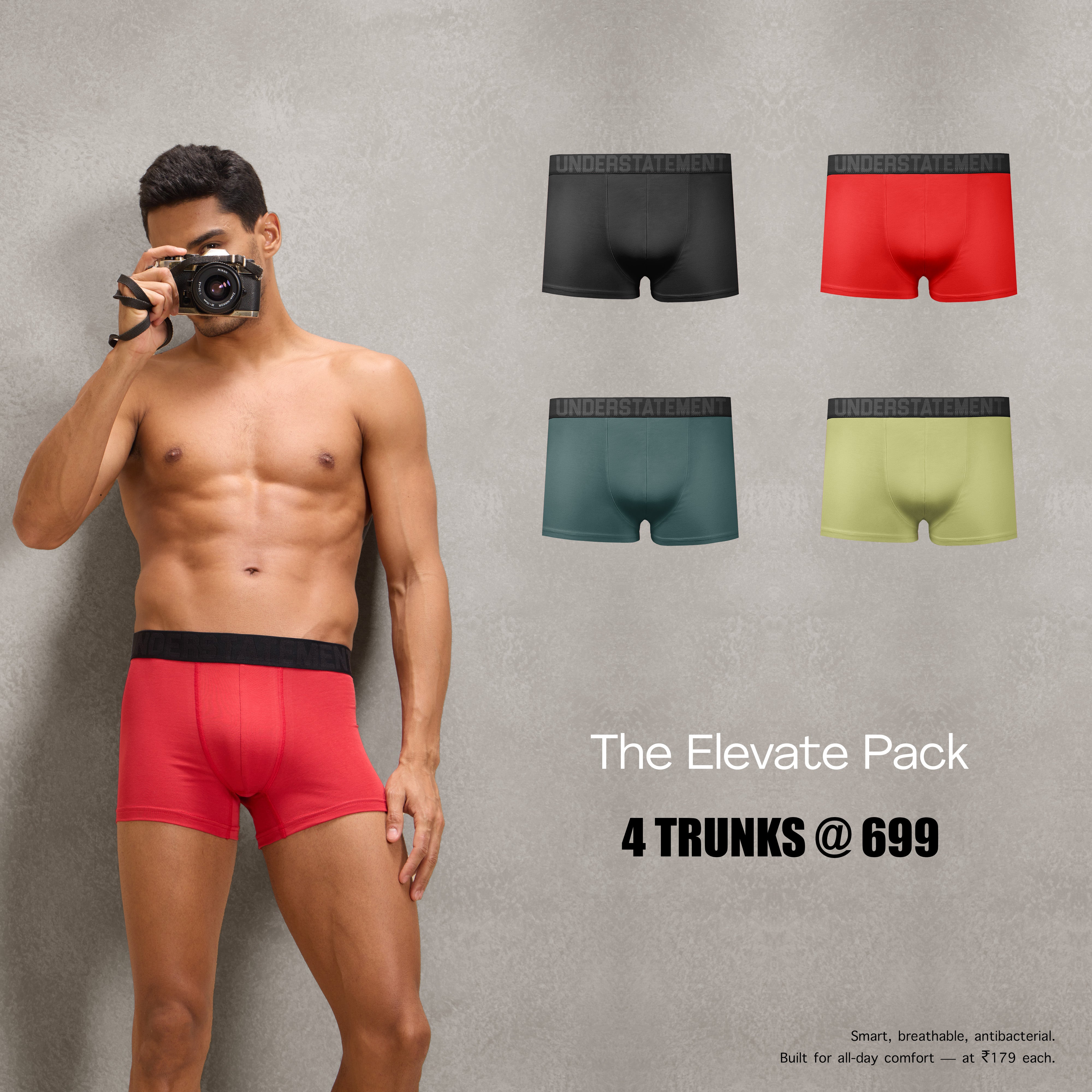 Understatement - Men's Antibacterial, 4-Way Stretch Trunks (PACK OF 4)