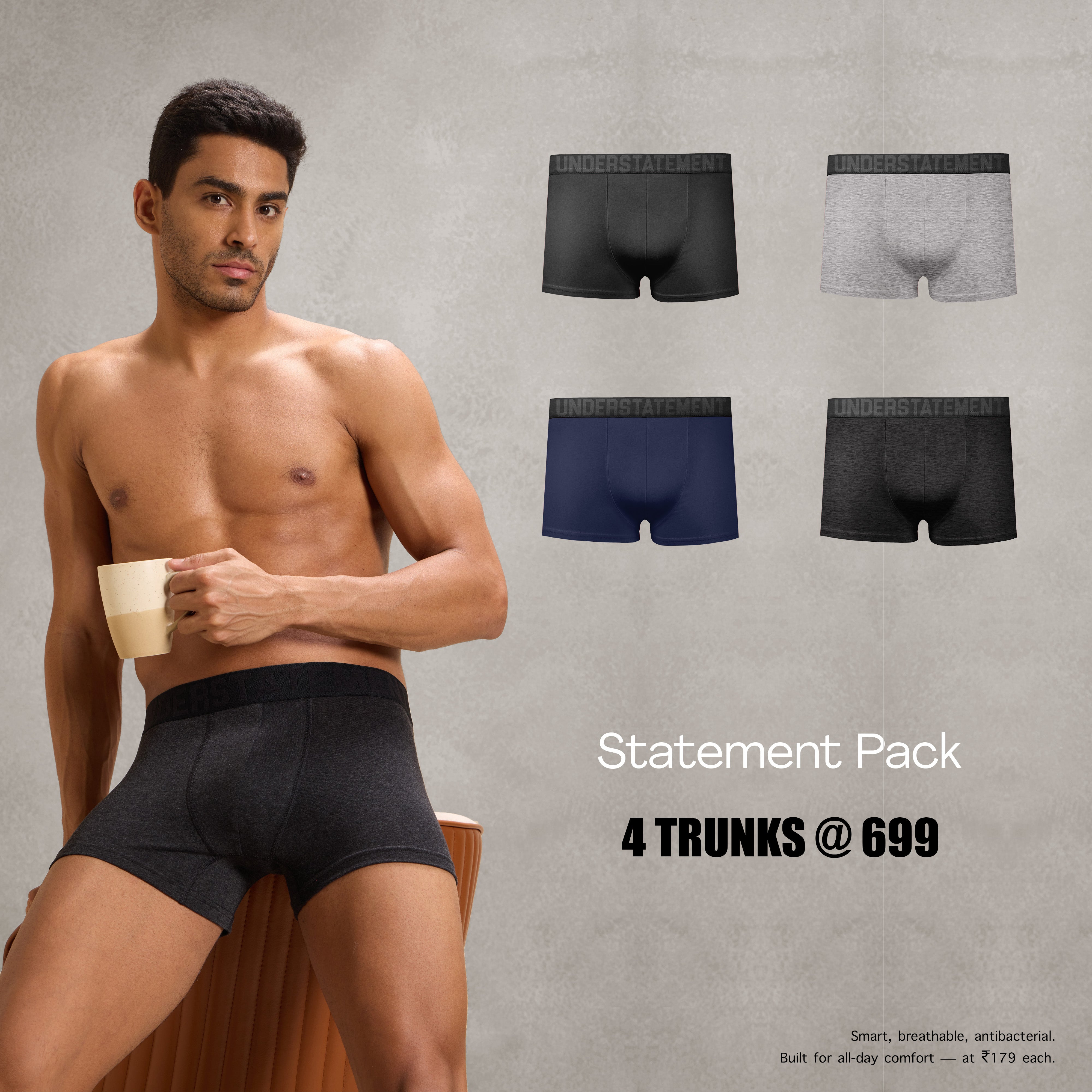 Understatement - Men's Antibacterial, 4-Way Stretch Trunks (PACK OF 4)